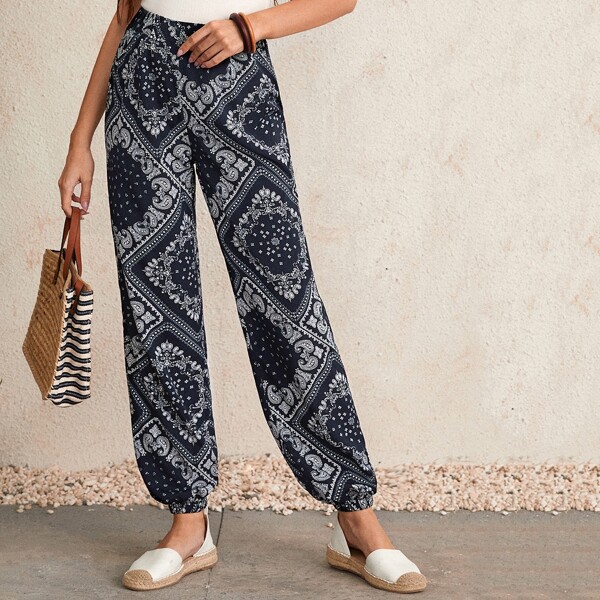 

Elastic Waist Floral & Paisley Print Carrot Pants, Blue and white