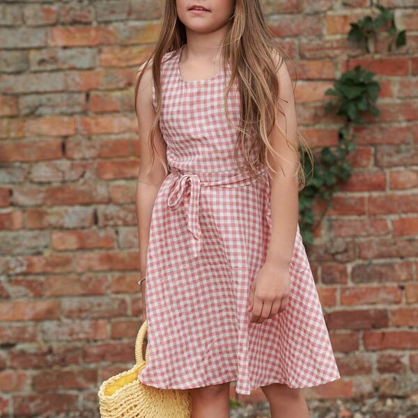 

Girls Gingham Belted Dress, Baby pink