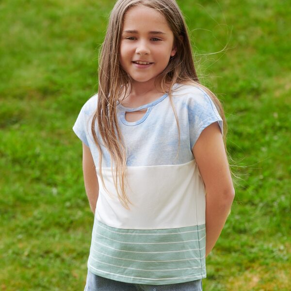 

Girls Keyhole Neck Tie Dye & Striped Tee, Multicolor