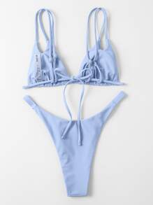 Cut Out High Cut Bikini For Summer Beach Vacation - Dusty Blue - View 2