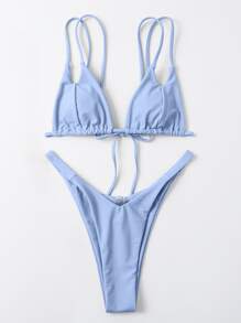Cut Out High Cut Bikini For Summer Beach Vacation - Dusty Blue - View 3