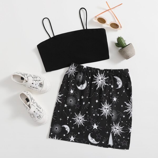 

Girls Cami Crop Top & Slit Hem Graphic Skirt Set, Black and white