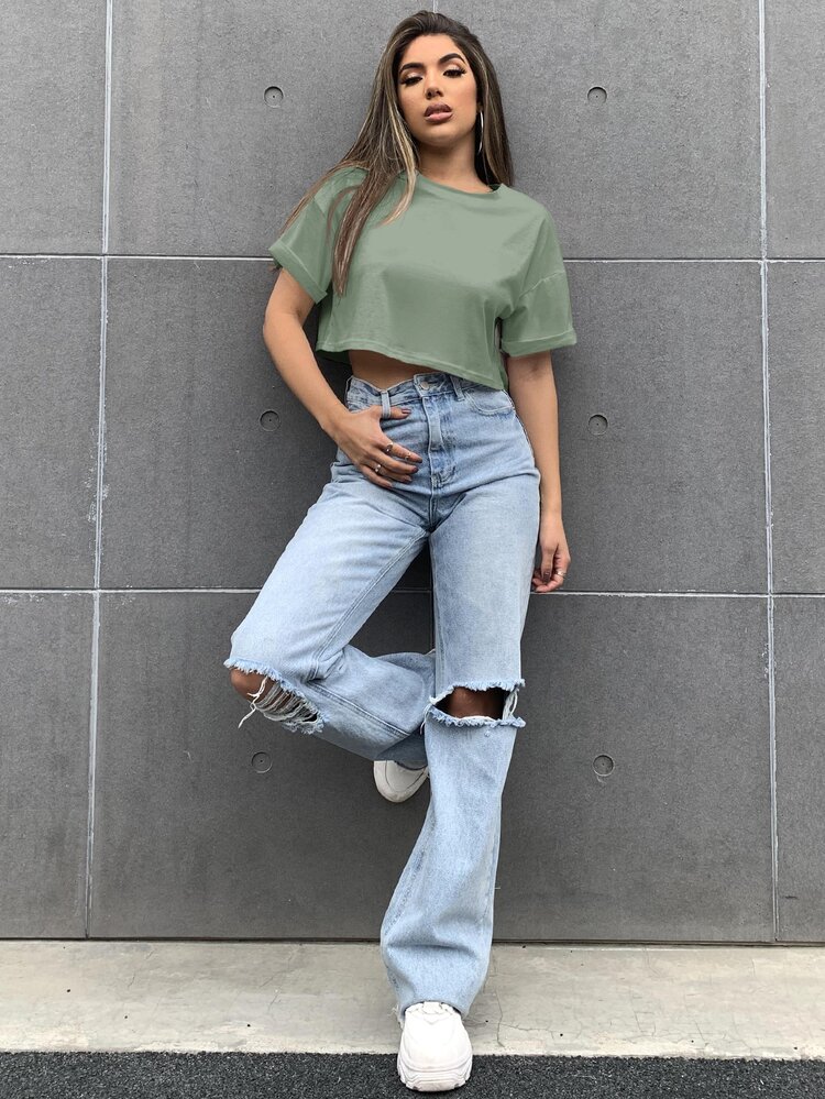 SHEIN Unity Drop Shoulder Solid Tee - Green - View 4