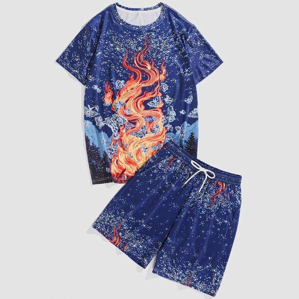 

Men Fire and Butterfly Print Top & Shorts Set, Multicolor