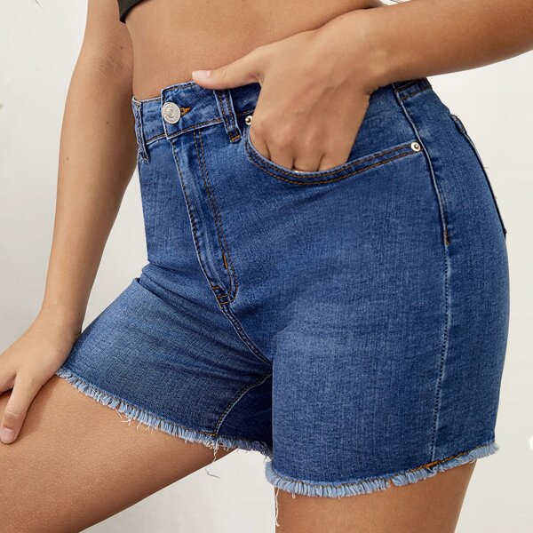 

High Waist Raw Hem Denim Shorts, Medium wash