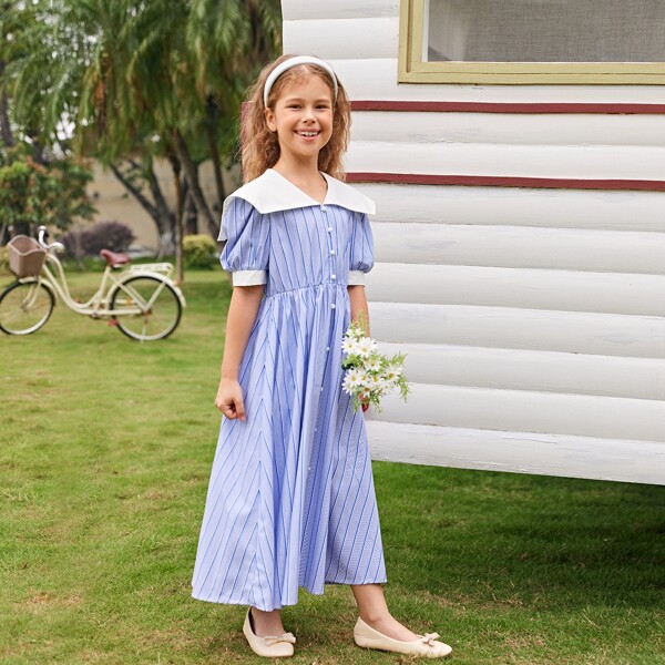 

Girls Striped Sailor Collar Dress, Blue