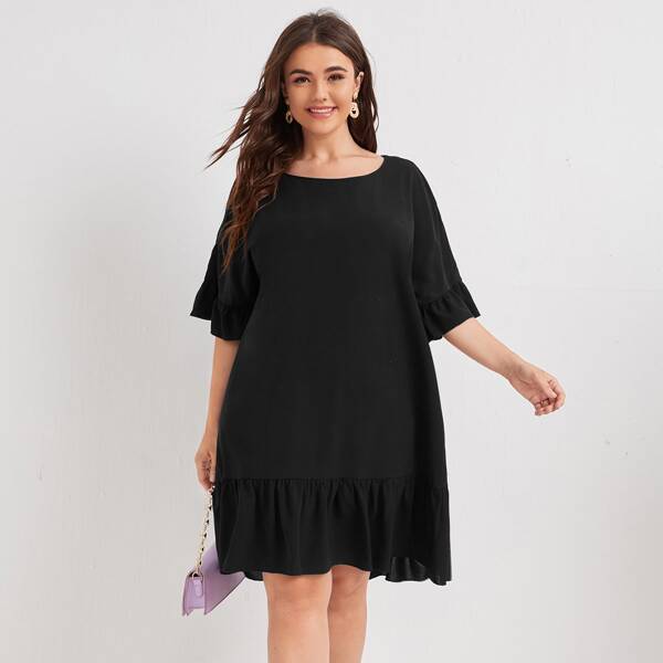 

Plus Ruffle Cuff Smock Dress, Black