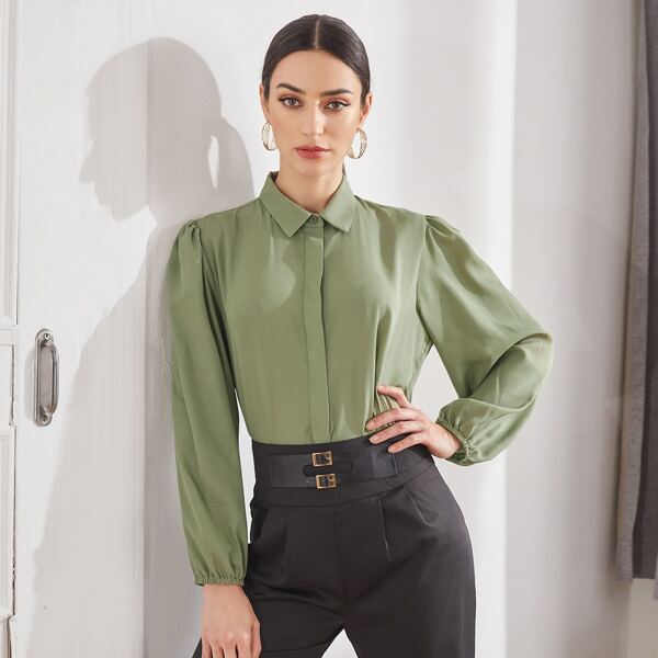 

Solid Puff Sleeve Blouse, Army green