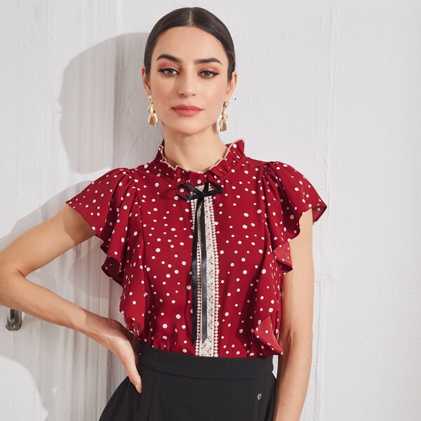 

Polka Dot Ruffle Trim Blouse, Burgundy