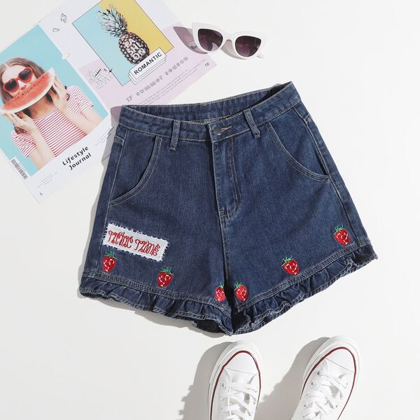 

High Waist Strawberry Embroidery Denim Shorts, Dark wash
