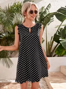 SHEIN Clasi Dress Scallop Polka Dot Boho - Hitam - View 1