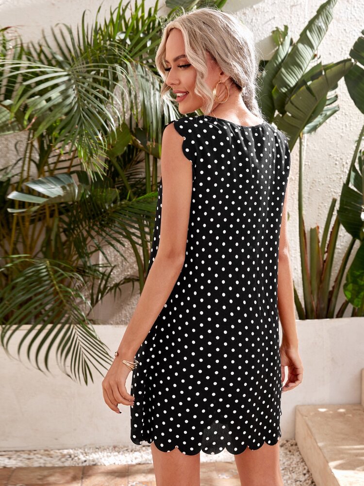 SHEIN Clasi Polka Dot Scallop Trim Dress - Black - View 2