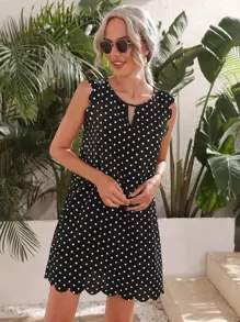 SHEIN Clasi Dress Scallop Polka Dot Boho - Hitam - View 3