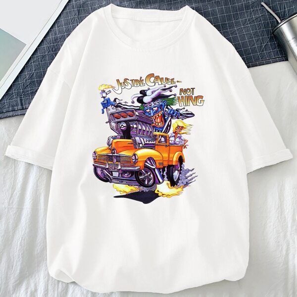 

Men Letter And Car Print Tee, White