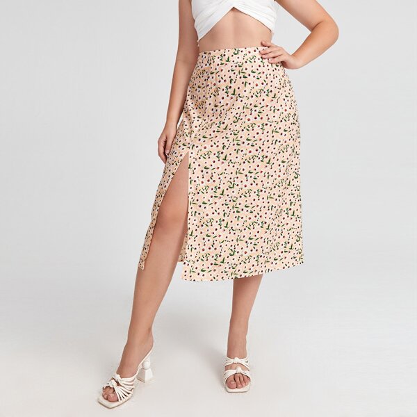 

Plus Daisy Floral Split Thigh Skirt, Apricot