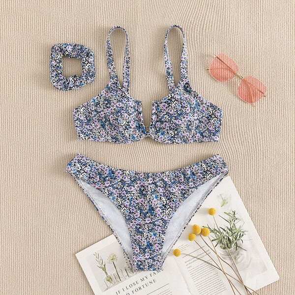 

Ditsy Floral V Wired Underwire Bikini Swimsuit & Scrunchies, Multicolor