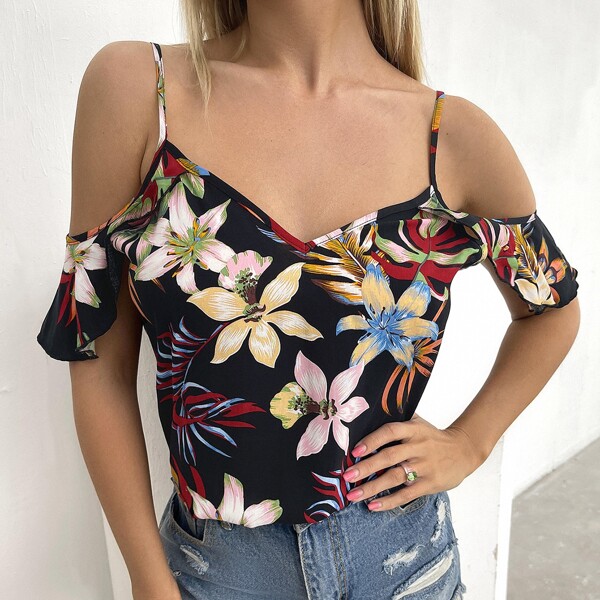 

Tropical Print Cold Shoulder Top, Multicolor