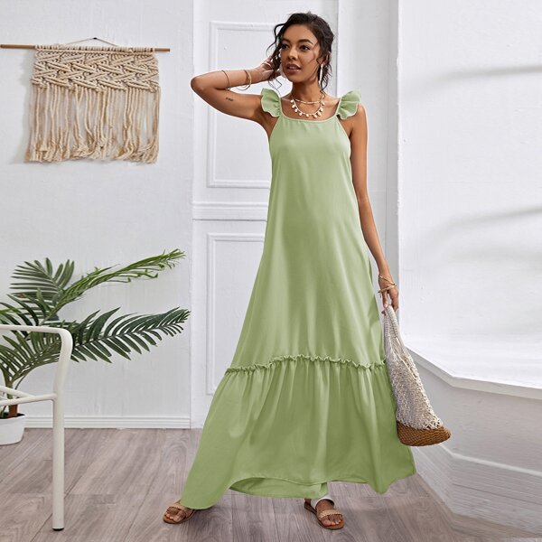 

Plaid Print Ruffle Hem Cami Dress, Mint green