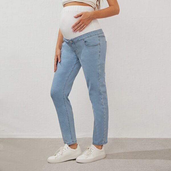 

Maternity Wide Waistband Pearl Beaded Jeans, Light wash