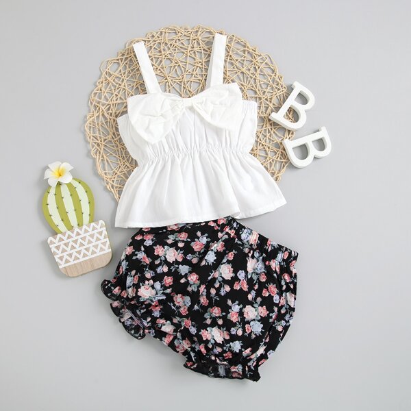 

Toddler Girls Big Bow Cami Top With Floral Shorts, Black and white