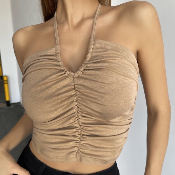 

Solid Ruched Halter Top, Mocha brown