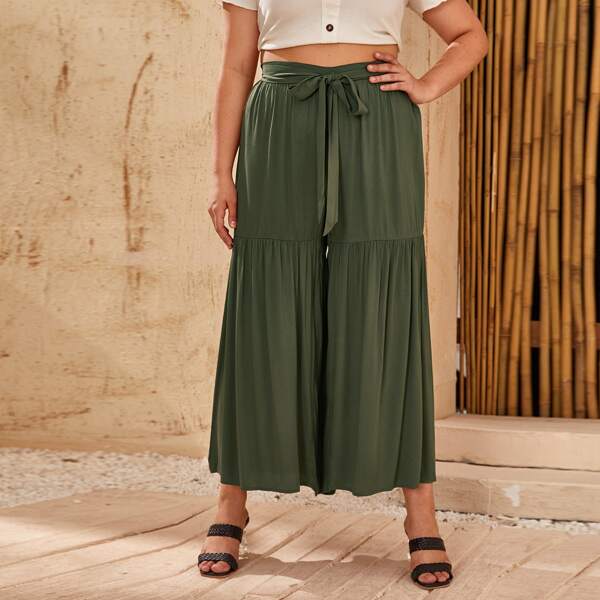 

Plus Tie Front Wide Leg Pants, Army green