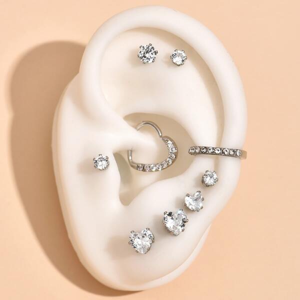 

9pcs Rhinestone Decor Earrings, Silver