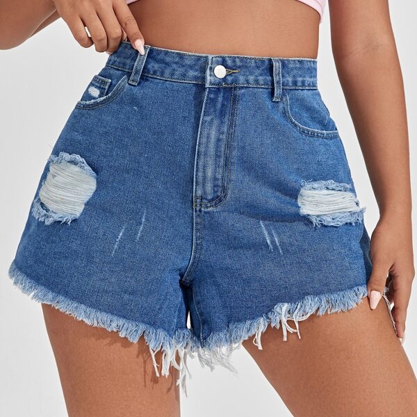 

Plus High Waist Ripped Raw Hem Denim Shorts, Medium wash