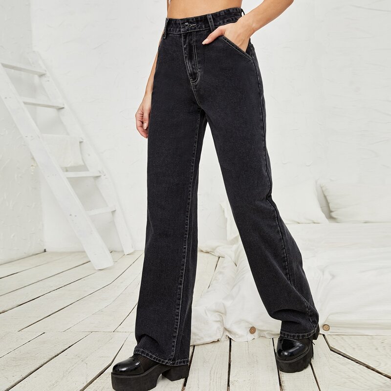 

High-Waisted Straight Leg Jeans Without Belt, Black