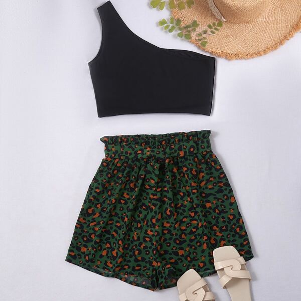 

One Shoulder Top & Leopard Belted Shorts Set, Multicolor