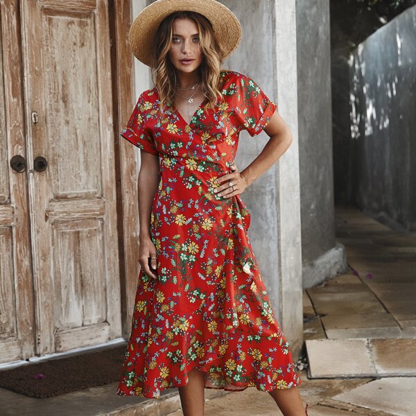 

Floral Print Knot Side Wrap Dress, Red