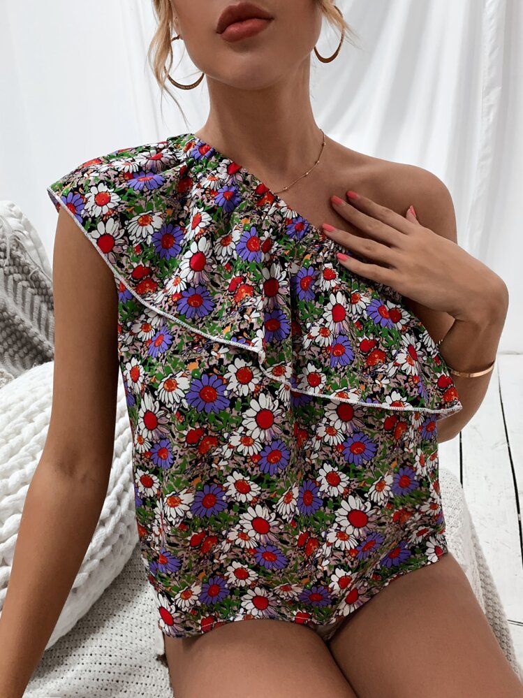 SHEIN VCAY Floral One Shoulder Top - Multicolor - View 1