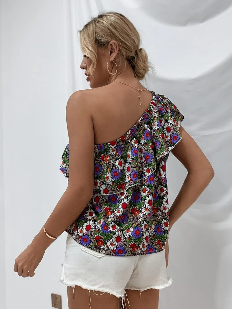 SHEIN VCAY Floral One Shoulder Top - Multicolor - View 2