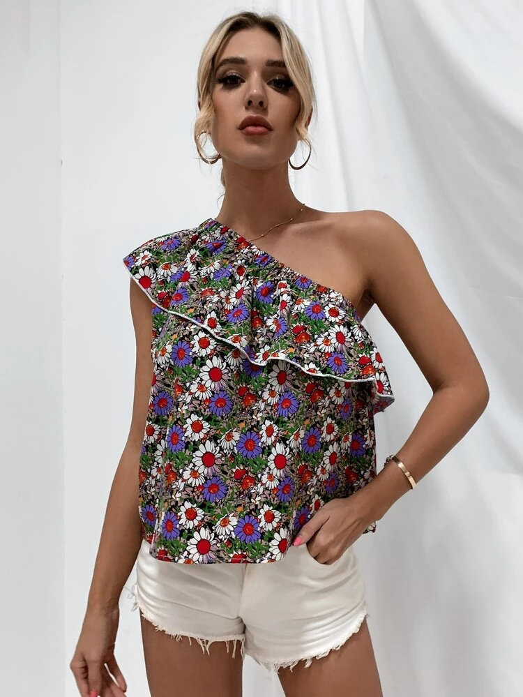 SHEIN VCAY Floral One Shoulder Top - Multicolor - View 4