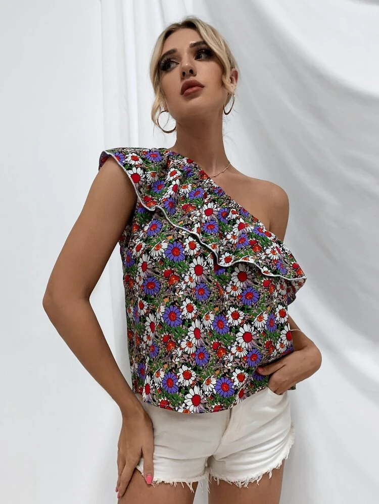 SHEIN VCAY Floral One Shoulder Top - Multicolor - View 5