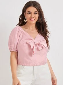 SHEIN Unity Áo sơ mi Plus Size Thắt nơ trước Sọc Giải trí - Đỏ và trắng - Xem 1