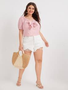 SHEIN Unity Áo sơ mi Plus Size Thắt nơ trước Sọc Giải trí - Đỏ và trắng - Xem 3