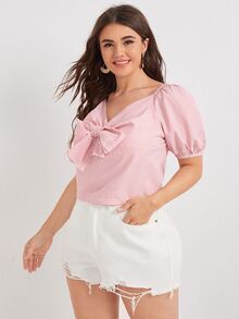 SHEIN Unity Áo sơ mi Plus Size Thắt nơ trước Sọc Giải trí - Đỏ và trắng - Xem 5