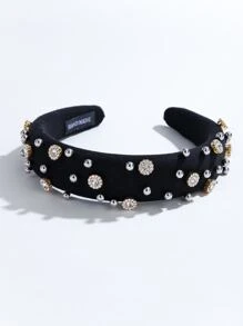 1 băng đô vải đen mới với thiết kế nút thắt ngọc trai, băng đô hợp kim đính ngọc trai giả thời trang & đơn giản cho phụ nữ - màu đen - Xem 1