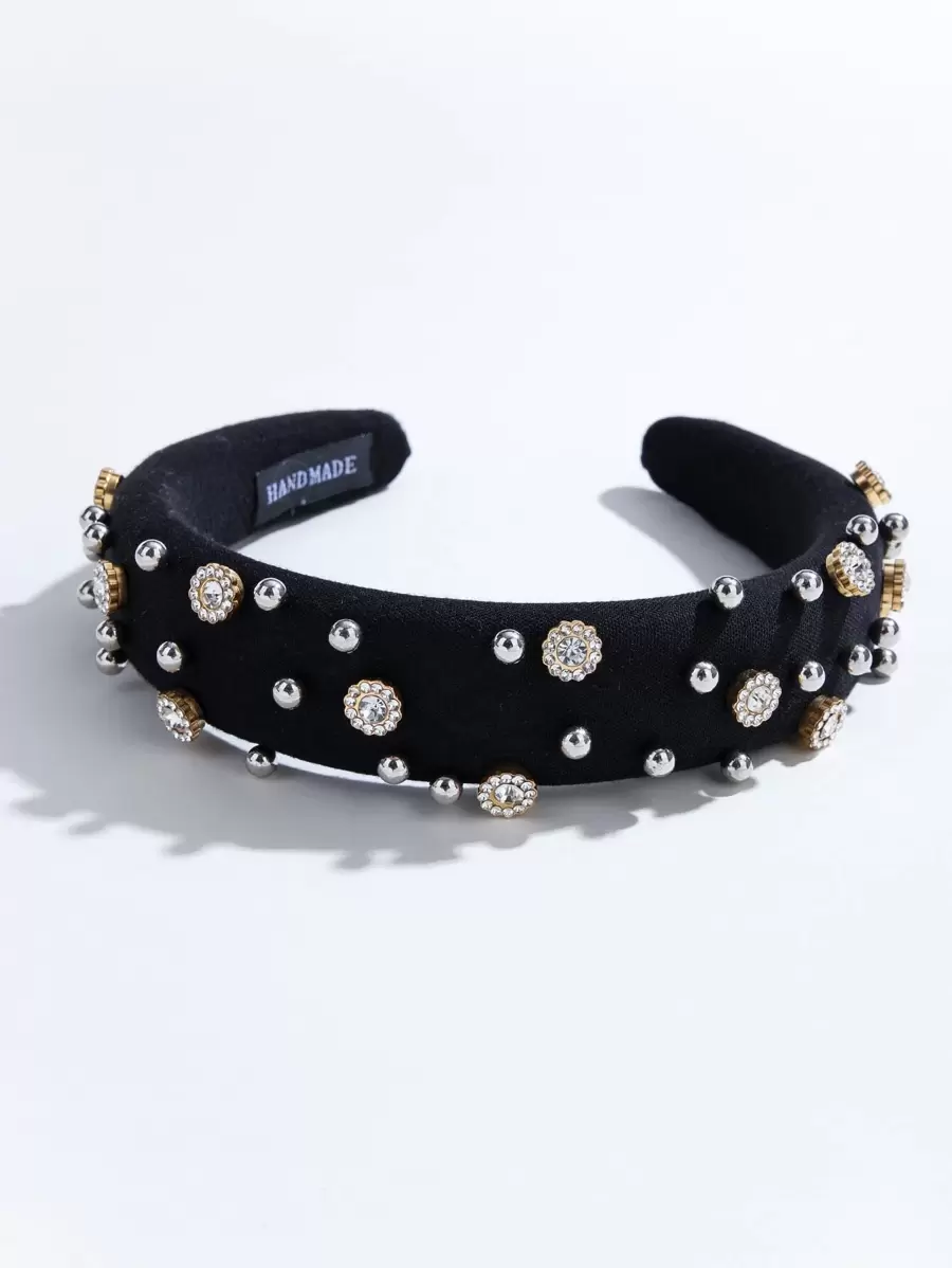 1 băng đô vải đen mới với thiết kế nút thắt ngọc trai, băng đô hợp kim đính ngọc trai giả thời trang & đơn giản cho phụ nữ - màu đen - Xem 1