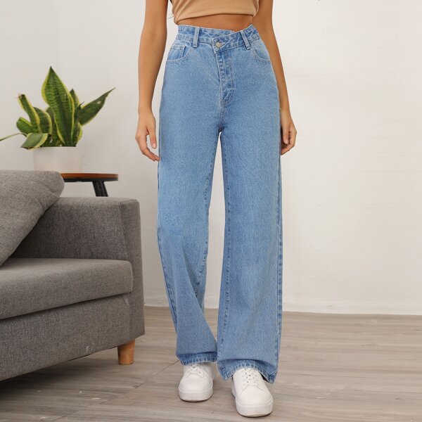 

Asymmetrical Waist Wide Leg Jeans, Medium wash
