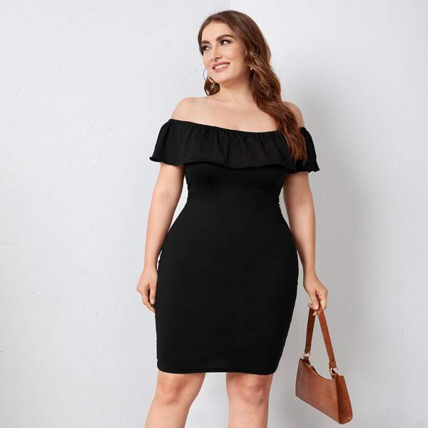 

Plus Solid Ruffle Trim Bardot Bodycon Dress, Black
