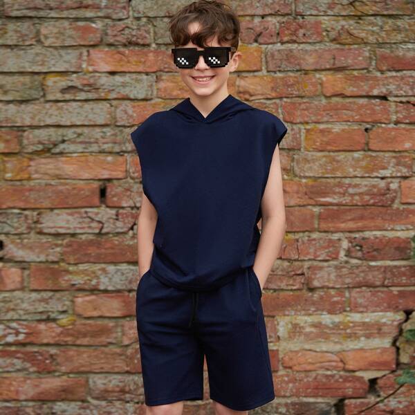

Boys Solid Hooded Tank Top & Shorts Set, Navy blue