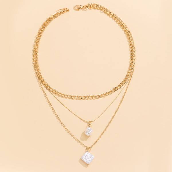 

Faux Pearl Decor Layered Necklace, Gold