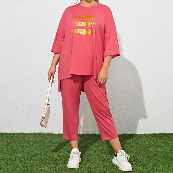 

Plus Letter Graphic High Low Tee & Cropped Pants Set, Watermelon pink