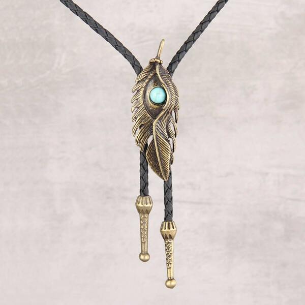 

Men Metal Feather Decor Necklace, Ancient bronze