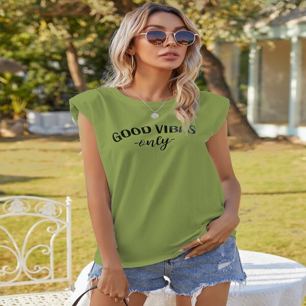 

Slogan Graphic Shoulder Pad Tank Top, Lime green