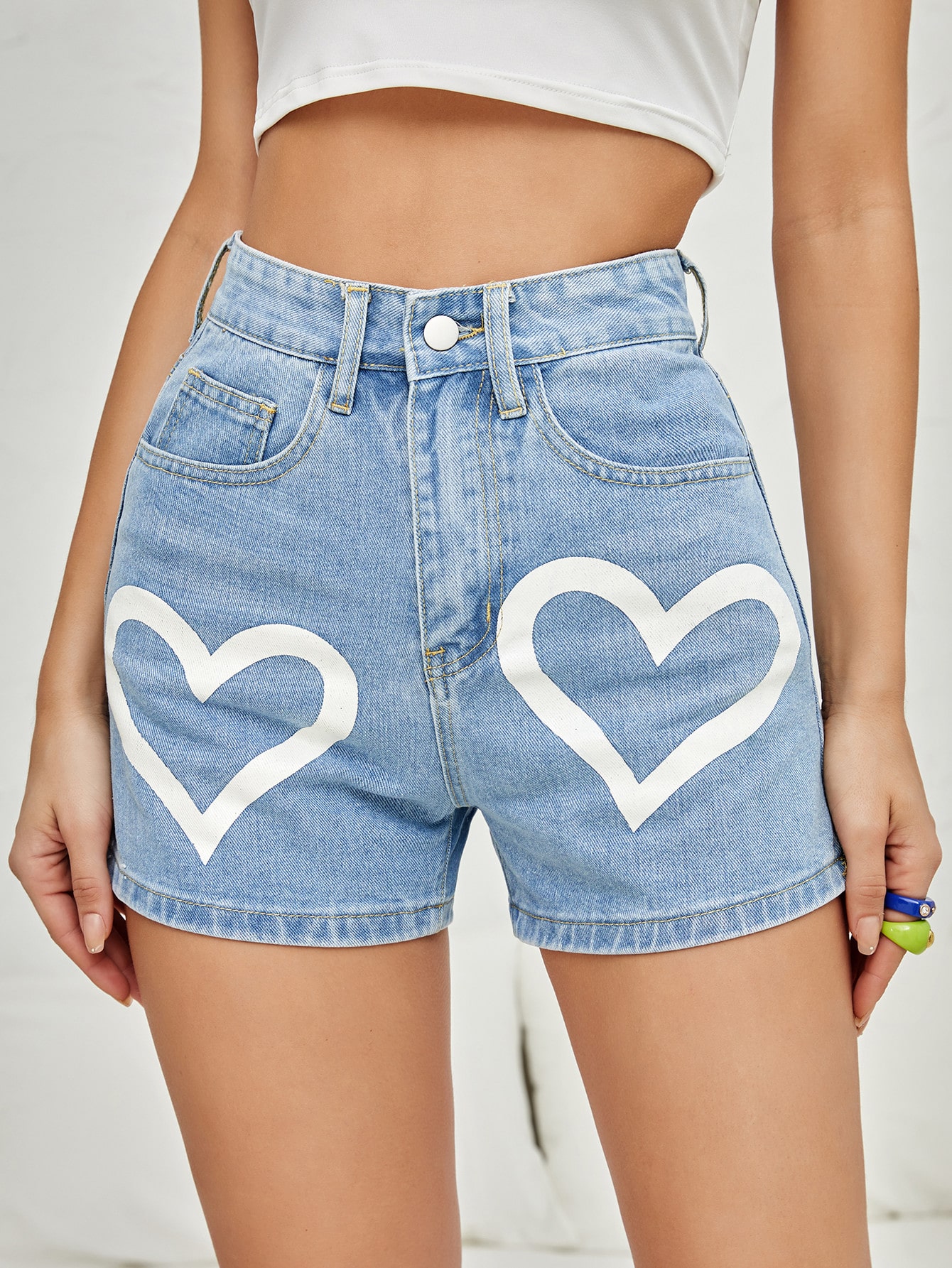 High Waist Heart Print Denim Shorts 