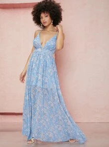 SHEIN 低胸領十字交叉露背花卉連衣裙 - 彩色 - 查看 1