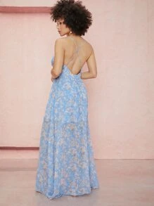 SHEIN 低胸領十字交叉露背花卉連衣裙 - 彩色 - 查看 2